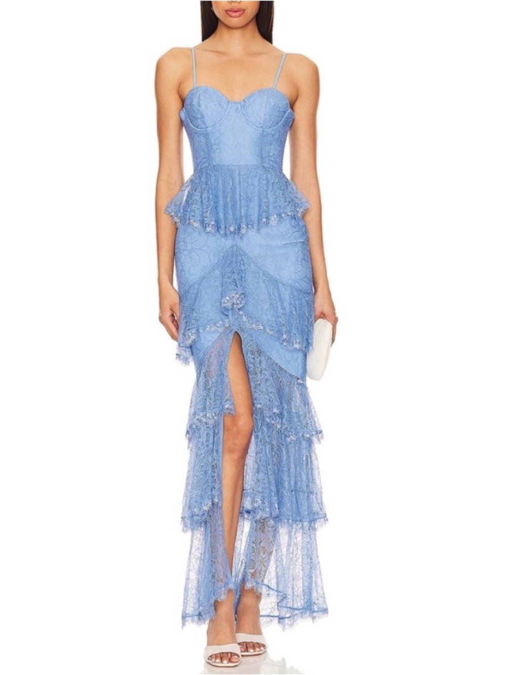 Majorelle Zelda Fitz Gown in Robins Egg Blue Tiered Lace Maxi Dress XS